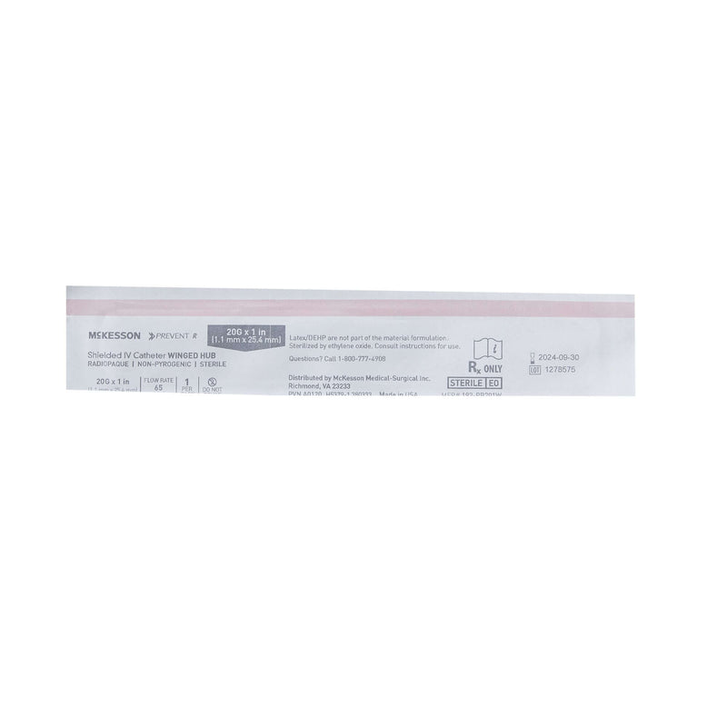 Peripheral IV Catheter McKesson Prevent® R 20 Gauge 1 Inch Button Retracting Safety Needle 380233-BX