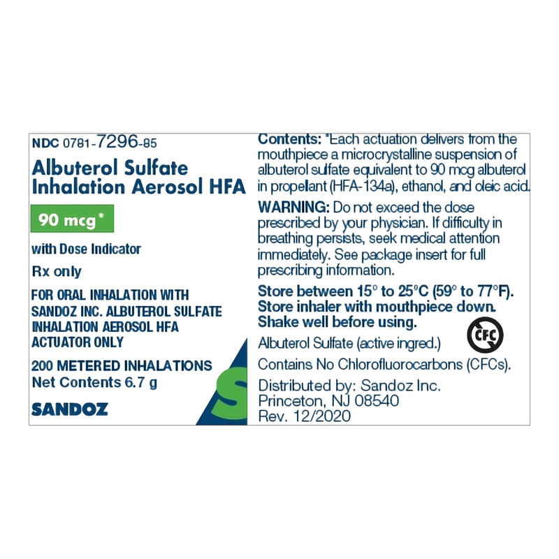 Albuterol Sulfate 90 mcg Aerosol Metered-Dose Inhaler 6.7 Grams 200 Doses 00781729685