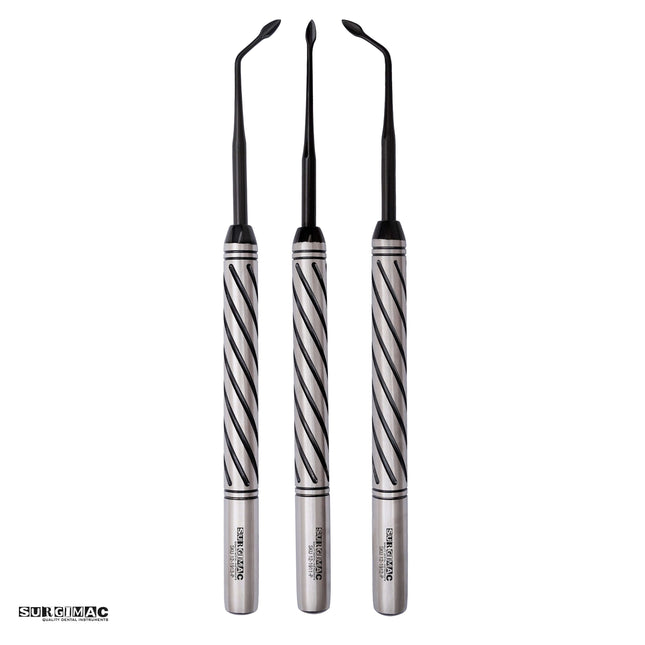 SurgiMac Bernard Periotome Root Elevator Left, Right and Straight Black(TiN) Tips, Stainless Steel, Pro Series, 3/Pk | SurgiMac Dental Supply