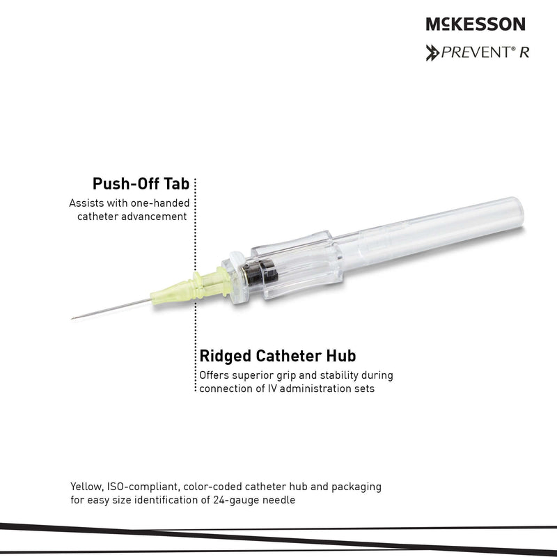 Peripheral IV Catheter McKesson 24 Gauge 3/4 Inch Polyurethane Straight Hub Non Blood Control Push Button Safety