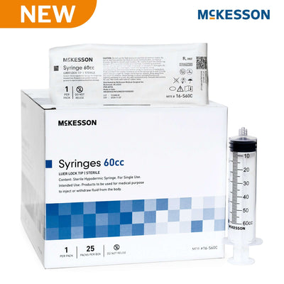 McKesson 60 mL Syringe Luer Lock Tip, Sterile, Disposable, Clear Barrel, Precise Dosing