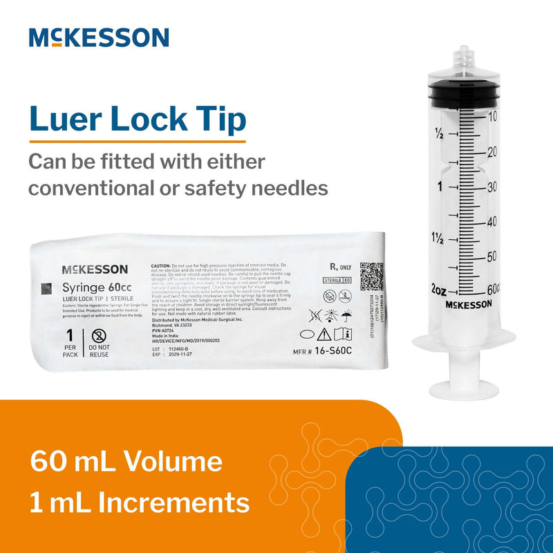 McKesson 60 mL Syringe Luer Lock Tip, Sterile, Disposable, Clear Barrel, Precise Dosing | SurgiMac Dental Supply