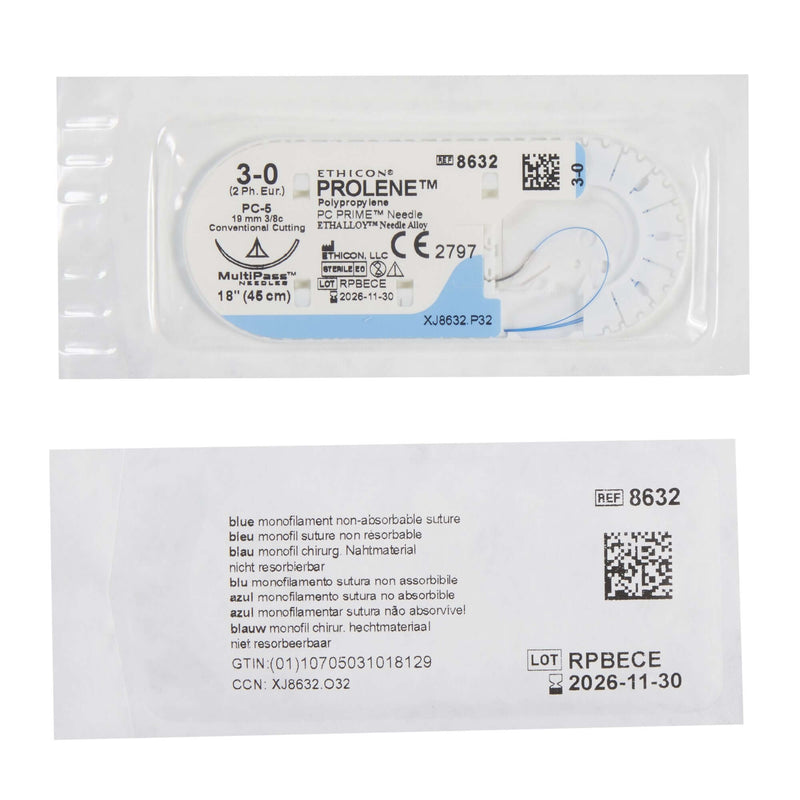 Prolene™ Polypropylene PC-5 3/8 Circle Precision Conventional Cutting Needle Size 3-0 Monofilament | SurgiMac Dental Supply