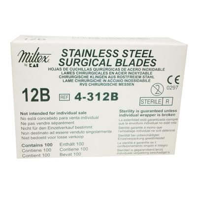 Miltex #12B Sterile Stainless Steel Surgical Scalpel Blade, Box of 100 blades 4-312B