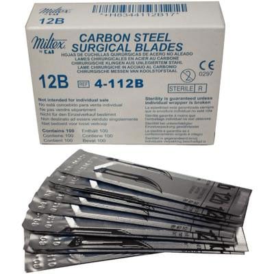 Integra Lifesciences | Miltex #12B Sterile Carbon Steel Surgical Scalpel Blade, Box of 100 blades | 4-112B