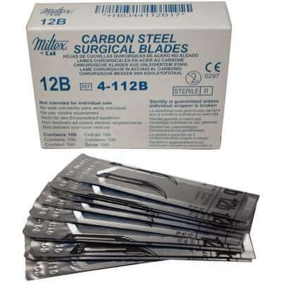 Miltex #12B Sterile Carbon Steel Surgical Scalpel Blade, Box of 100 blades 4-112B