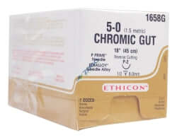 Absorbable Suture with Needle Chromic Gut P-2 1/2 Circle Reverse Cutting Needle Size 5 - 0 | SurgiMac Dental Supply