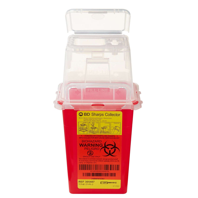 BD Sharps Container with Red Base and Vertical Entry - Locking Lid for Safe Needle Disposal 305487