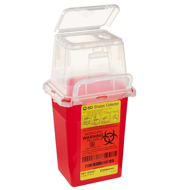 BD Sharps Container with Red Base and Vertical Entry - Locking Lid for Safe Needle Disposal 305487