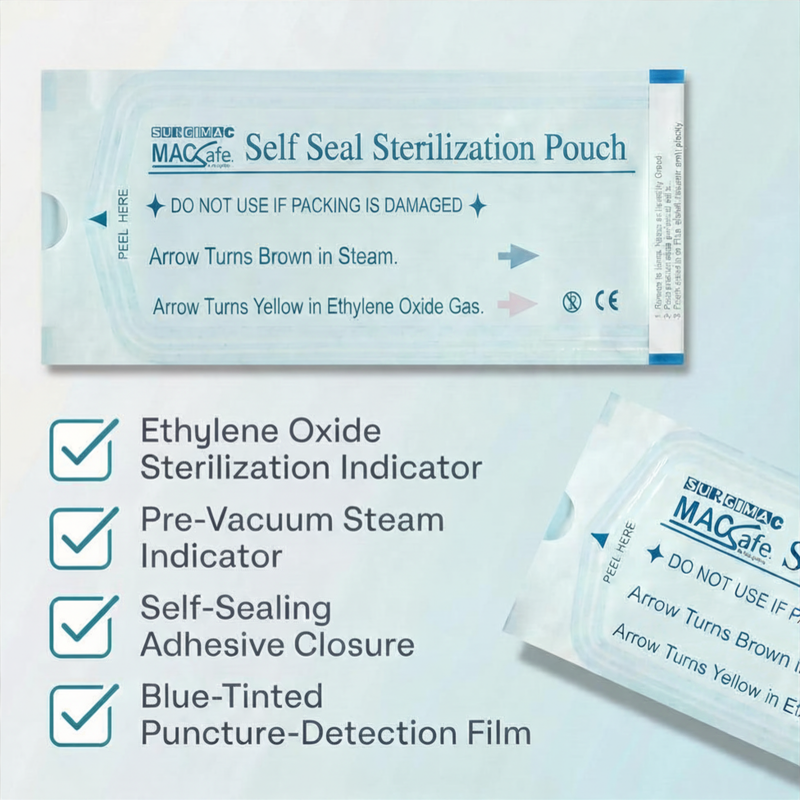 SurgiMac Self Seal Sterilization Pouch, Self-Sealing, Paper/Blue film, MacSafe, 200/Pk, 10pk/Case
