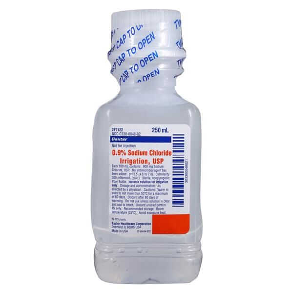 Baxter 0.9% Sodium Chloride Irrigation, 250 mL USP. Plastic Pour Bottle | SurgiMac Dental Supply