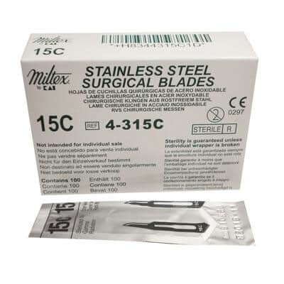 Miltex #15C Sterile Stainless Steel Surgical Scalpel Blade, Box of 100 blades 4-315C