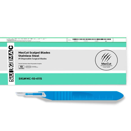 SurgiMac | #15 Sterile Stainless Steel Surgical Scalpel Blade with Plastic Handle | MacCut by SurgiMac | Box of 10 | MC-10-4115