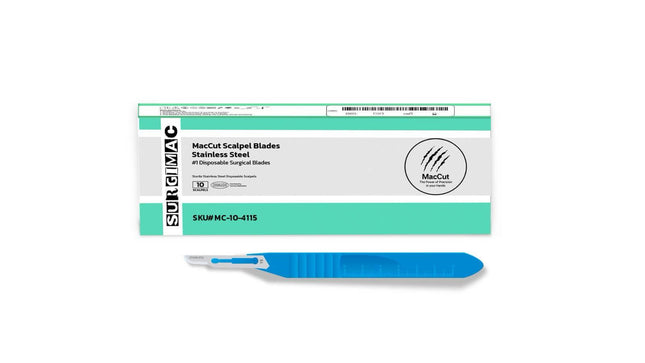 #15 Sterile Stainless Steel Surgical Scalpel Blade with Plastic Handle | MacCut by SurgiMac | Box of 10 MC-10-4115