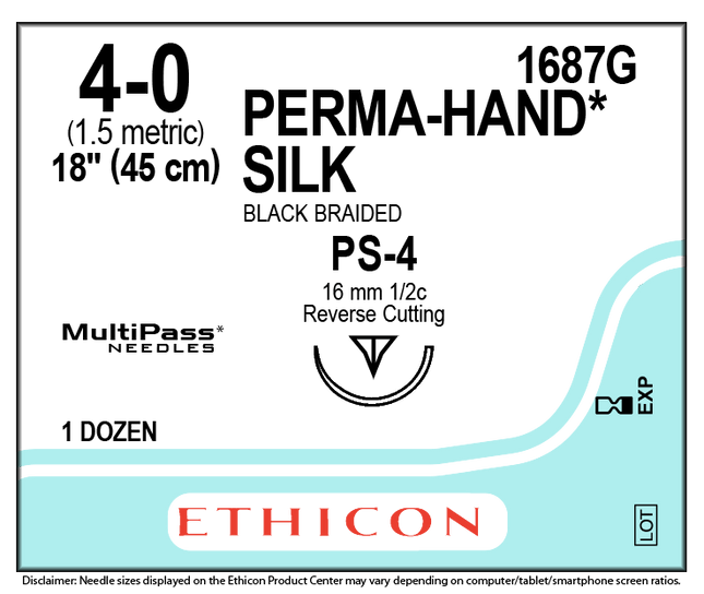 Nonabsorbable Suture with Needle Perma-Hand Silk PS-4 1/2 Circle Reverse Cutting Needle Size 4 - 0 Braided