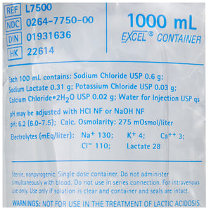 Replacement Preparation Lactated Ringer's Solution IV Solution Flexible Bag 1,000 mL L7500-1