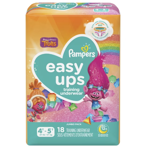 Procter & Gamble | Pampers Easy Ups Training Underwear, Pull On, Girls, Size 6, 4T-5T, 18/pk, 4pk/cs | 3700076621