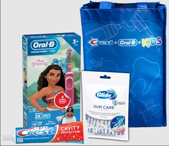 Oral-B Electric Toothbrush & Brush Head (Disney Princess Moana), Crest Cavity Protection Sparkle Fun flavor Toothpaste (4.6 oz), Oral-B Glide Gum Care Floss Picks (30 ct), FREE Kids Bag, 3/cs 80347216