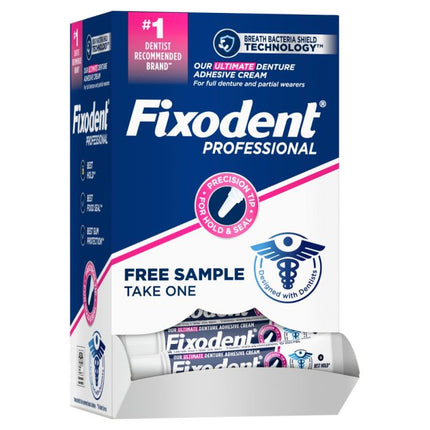 Fixodent Professional Ultimate Denture Adhesive Cream tubes (0.35oz) in a gravity feed box. 1 50-ct box/Cs