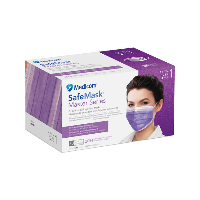 Medicom | Procedure Earloop Mask, Astm Level 1, Master Series, Southern Bellflower (Deep Lavender). 50/Bx; 10 Bx/Cs | 2054