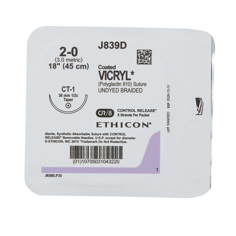Coated Vicryl™ Polyglactin 910 CT-1 1/2 Circle Taper Point Needle Size 2-0 Braided | SurgiMac Dental Supply