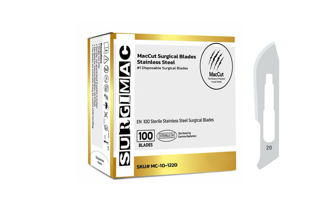 SurgiMac | #20 Sterile Stainless Steel Surgical Scalpel Blade | MacCut by SurgiMac | Box of 100 | MC-10-1220