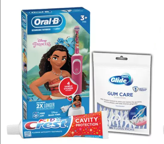 Procter & Gamble | Oral-B Electric Toothbrush & Brush Head (Disney Princess Moana), Crest Cavity Protection Sparkle Fun flavor Toothpaste (4.6 oz), Oral-B Glide Gum Care Floss Picks (30 ct), FREE Kids Bag, 3/cs | 80347216