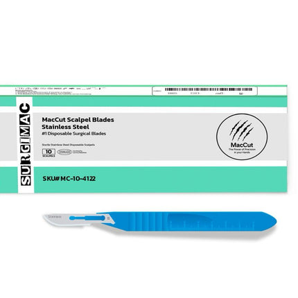 #22 Sterile Stainless Steel Surgical Scalpel Blade with Plastic Handle | MacCut by SurgiMac | Box of 10
