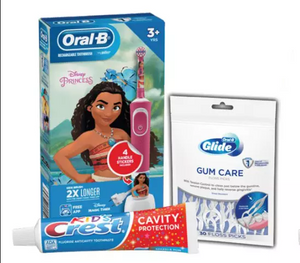 Oral-B Electric Toothbrush & Brush Head (Disney Princess Moana), Crest Cavity Protection Sparkle Fun flavor Toothpaste (4.6 oz), Oral-B Glide Gum Care Floss Picks (30 ct), FREE Kids Bag, 3/cs 80347216
