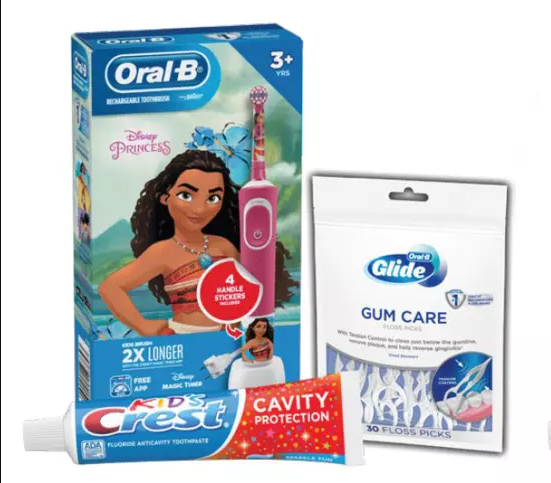 Oral-B Electric Toothbrush & Brush Head (Disney Princess Moana), Crest Cavity Protection Sparkle Fun flavor Toothpaste (4.6 oz), Oral-B Glide Gum Care Floss Picks (30 ct), FREE Kids Bag, 3/cs 80347216