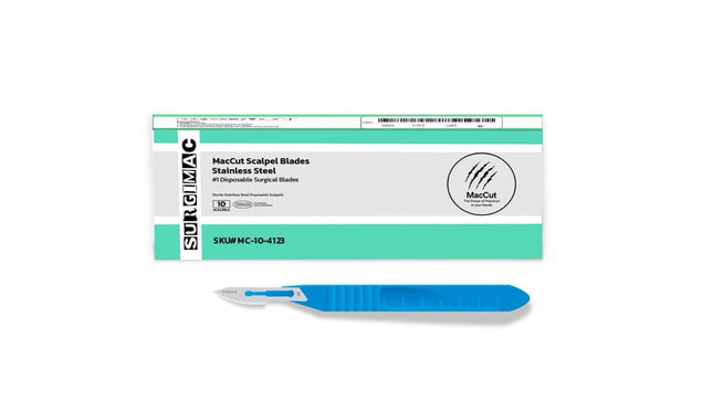 SurgiMac #23 Sterile Surgical Scalpel Blade, Plastic Handle, Stainless Steel, MacCut, 10/Pk | SurgiMac Dental Supply
