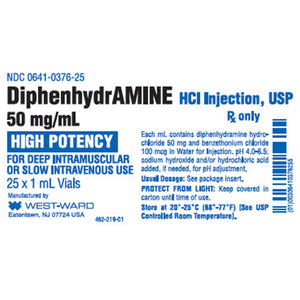 Diphenhydramine HCl 50 mg / mL Injection, 25/Ct 00641037625