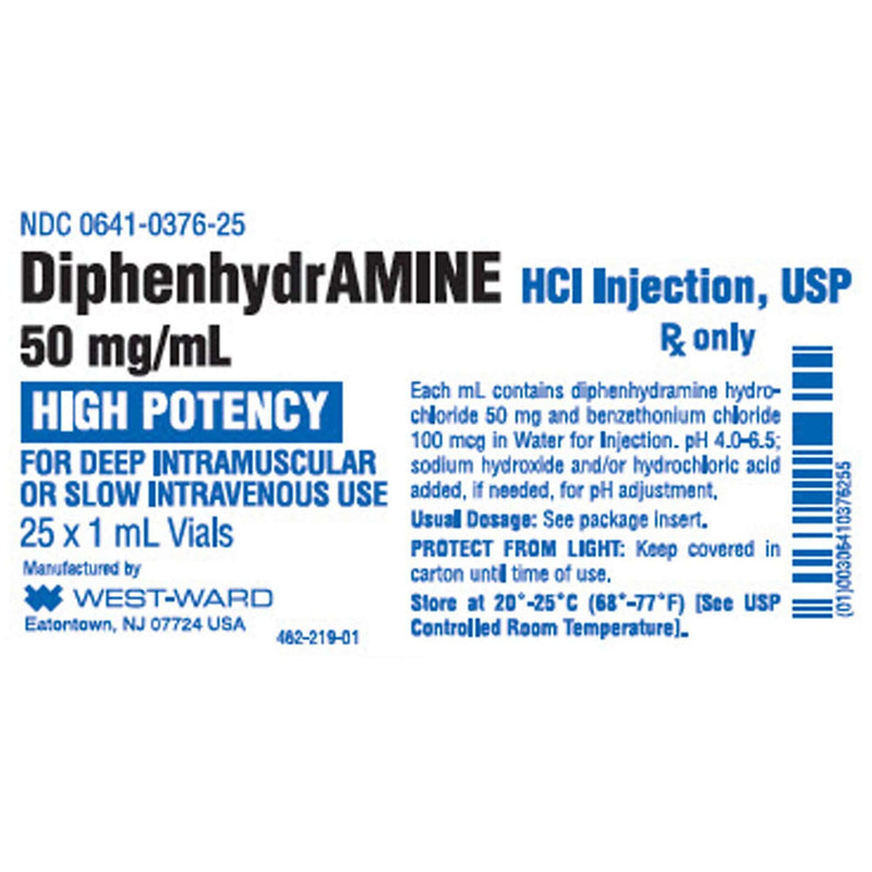 Diphenhydramine HCl 50 mg / mL Injection, 25/Ct 00641037625