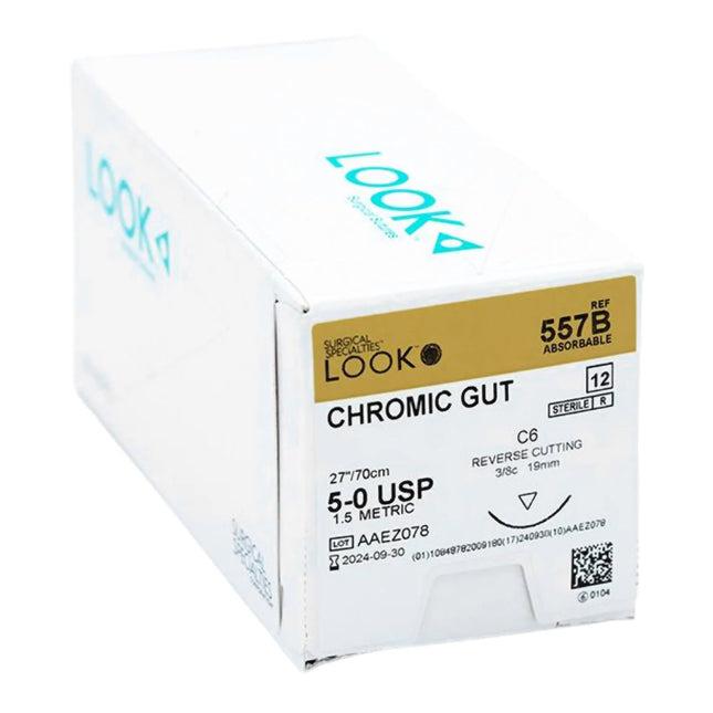 Absorbable Suture with Needle LOOK Chromic Gut C6 3/8 Circle Reverse Cutting Needle Size 5 - 0 | 557B | Corza Medical | SurgiMac