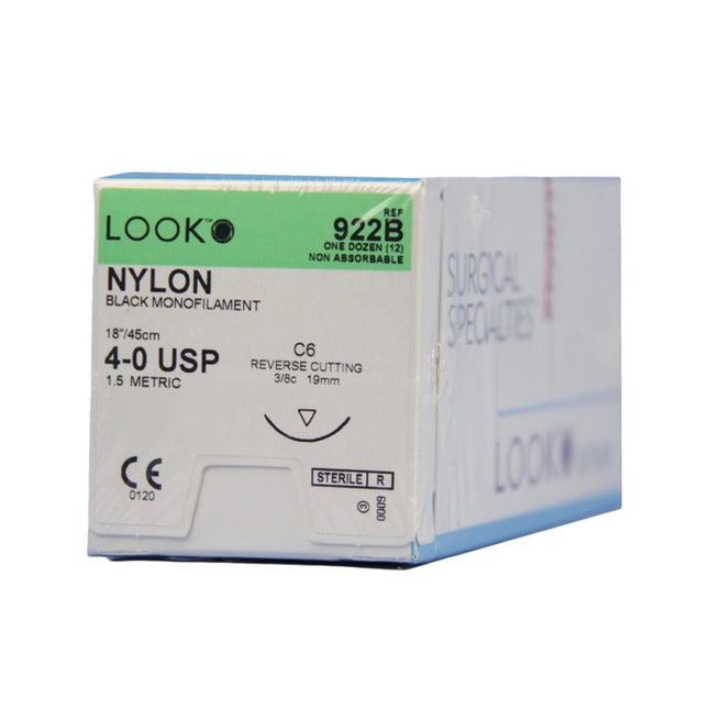 Nonabsorbable Suture with Needle LOOK Nylon C6 3/8 Circle Reverse Cutting Needle Size 4 - 0 Monofilament | 922B | Corza Medical | SurgiMac