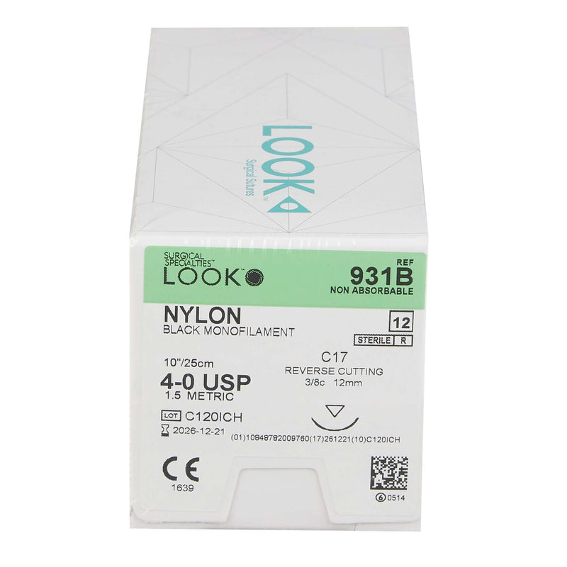 Look Nonabsorbable Suture with Needle LOOK Nylon C17 3/8 Circle Reverse Cutting Needle Size 4 - 0 Monofilament 931B