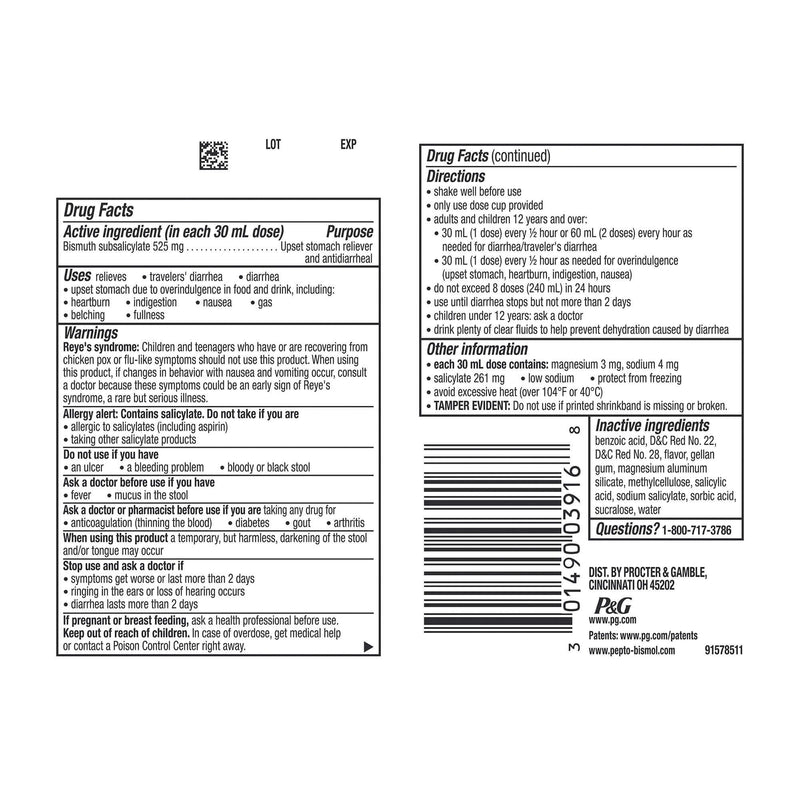 Anti-Diarrheal Pepto Bismol 262 mg Strength Liquid 16 oz. | SurgiMac Dental Supply