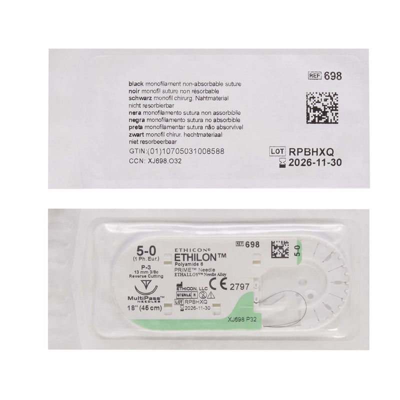 Nonabsorbable Suture with Needle Ethilon™ Nylon P-3 3/8 Circle Precision Reverse Cutting Needle Size 5-0 Monofilament | SurgiMac Dental Supply