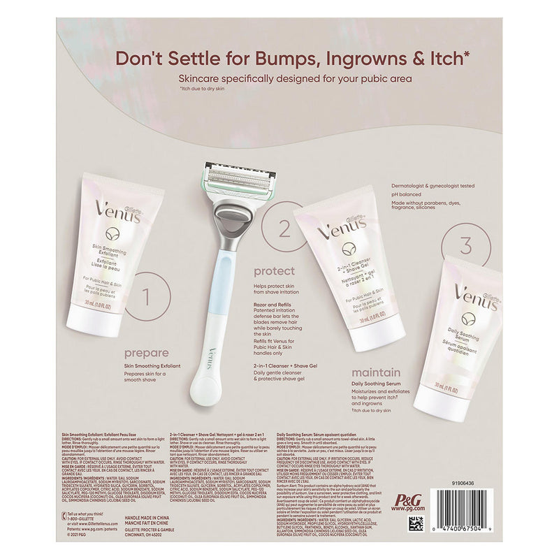 Venus Intimate Grooming Set, Women's Razor Handle, 4 Blade Refills, 2-in-1 Cleanser, Bikini Shave Gel and Daily Soothing Serum 273983