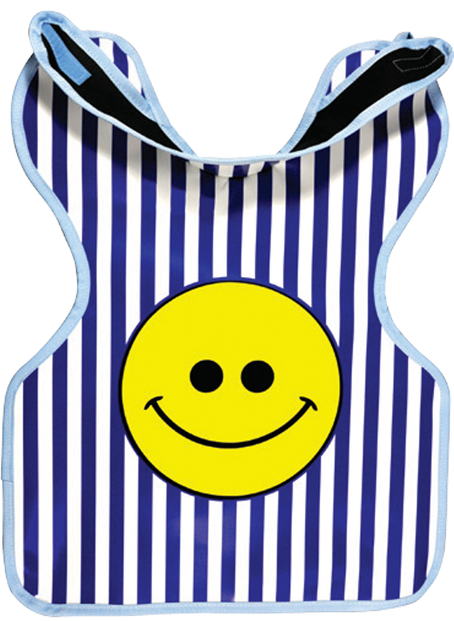 Palmero | Protectall X-Ray Apron, Child w/Collar, Lead-lined, .3MM Thickness. 20" x 20”, Blue and White Stripes w/Happy Face | 27HAPPYFACE