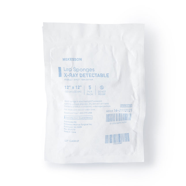 Surgical Laparotomy Sponge McKesson X-Ray Detectable Cotton 12 X 12 Inch 5 Count Soft Pack Sterile