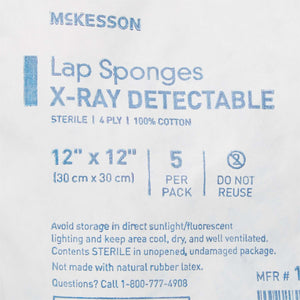 Surgical Laparotomy Sponge McKesson X-Ray Detectable Cotton 12 X 12 Inch 5 Count Soft Pack Sterile | SurgiMac Dental Supply