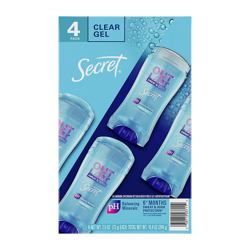 Secret Outlast Clear Gel Antiperspirant Deodorant, Shower Fresh Scent, 4 pk./2.6 oz. Each 292022