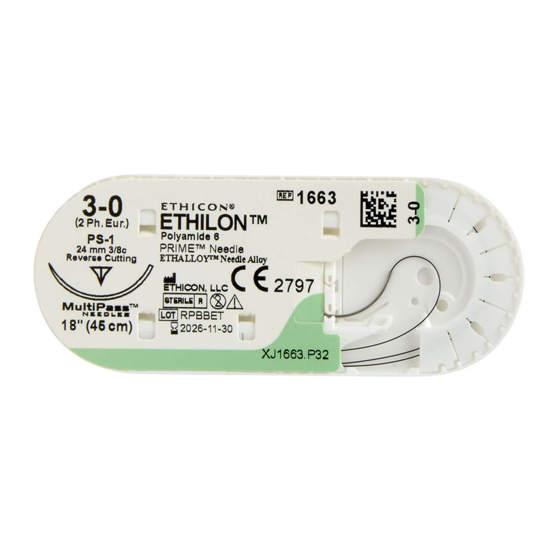 Ethilon™ Nylon PS-1 3/8 Circle Reverse Cutting Needle Size 3-0 Monofilament | SurgiMac Dental Supply