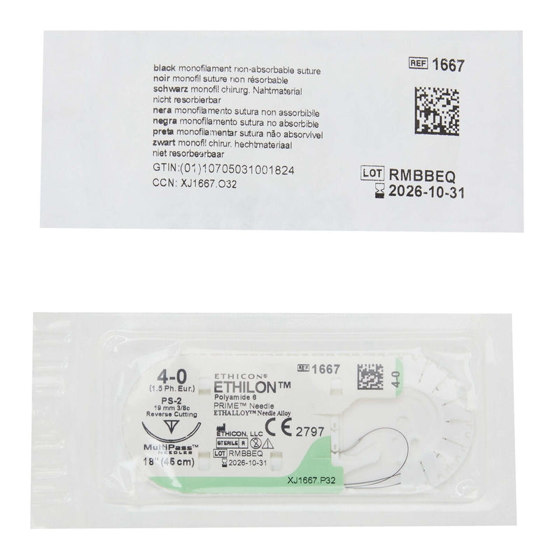 Ethilon™ Nylon PS-2 3/8 Circle Precision Reverse Cutting Needle Size 4-0 Monofilament | SurgiMac Dental Supply