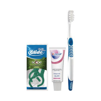 Oral-B Sensitive Toothbrush (35 Extra Soft), Crest Pro-Health Sensitive and Gum Toothpaste (.85 Oz), Oral-B Glide Plus Scope Outlast Floss Picks, (3-Pack Sachet), Free Patient Sample Bags, 72 Bundles/cs
