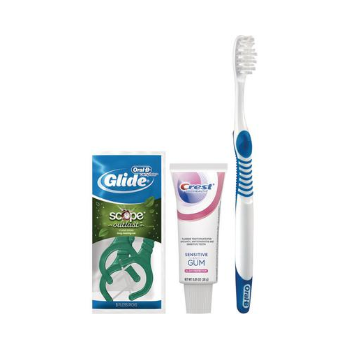 Procter & Gamble | Oral-B Sensitive Toothbrush (35 Extra Soft), Crest Pro-Health Sensitive and Gum Toothpaste (.85 Oz), Oral-B Glide Plus Scope Outlast Floss Picks, (3-Pack Sachet), Free Patient Sample Bags, 72 Bundles/cs | 80738354-3