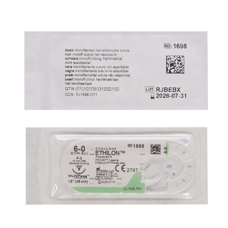 Nonabsorbable Suture with Needle Ethilon™ Nylon P-3 3/8 Circle Precision Reverse Cutting Needle Size 6-0 Monofilament | SurgiMac Dental Supply