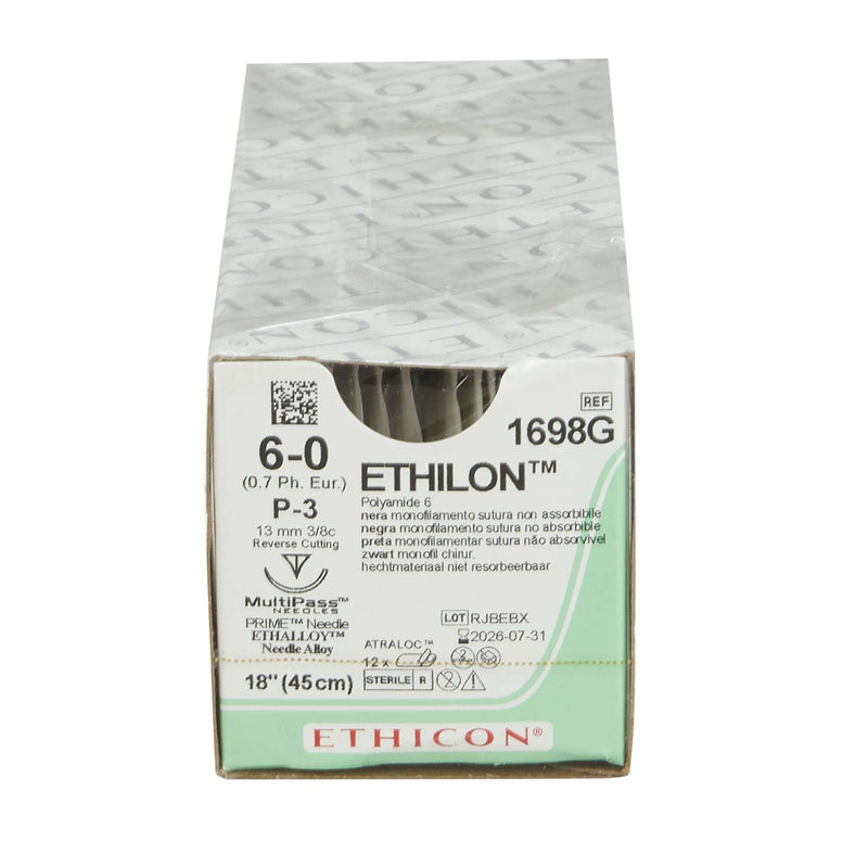 Nonabsorbable Suture with Needle Ethilon™ Nylon P-3 3/8 Circle Precision Reverse Cutting Needle Size 6-0 Monofilament | SurgiMac Dental Supply