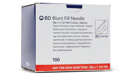 BD Blunt Fill Needle, 18 G x 1-1/2". Sterile, Hypodermic, Box of 100 Needles